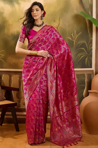 pink banarasi jacquard saree with rich zari weaving & tassel pallu – includes unstitched blouse