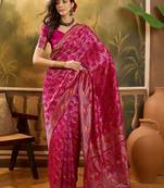 pink banarasi jacquard saree with rich zari weaving & tassel pallu     includes unstitched blouse