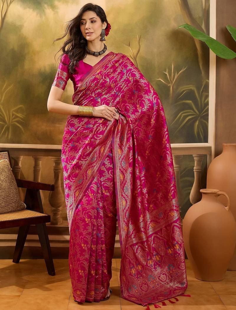 pink banarasi jacquard saree with rich zari weaving & tassel pallu – includes unstitched blouse