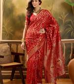 red banarasi jacquard saree with rich zari weaving & tassel pallu     includes unstitched blouse
