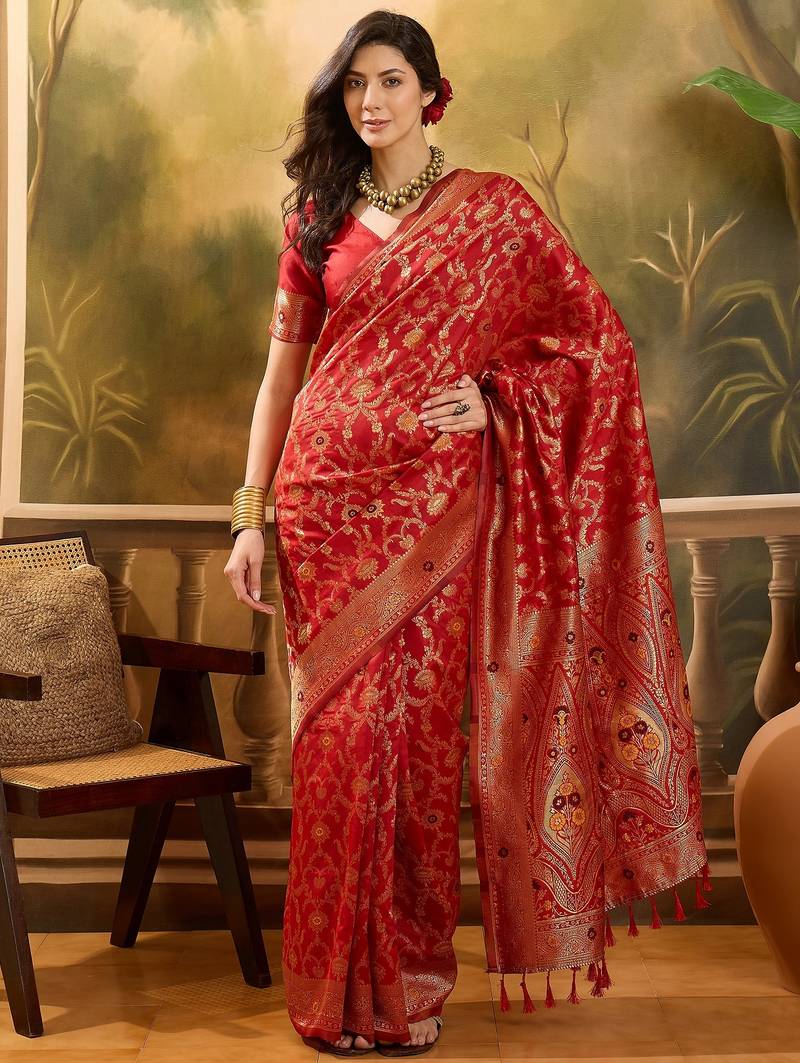 red banarasi jacquard saree with rich zari weaving & tassel pallu – includes unstitched blouse