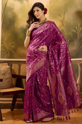 magenta banarasi jacquard saree with intricate zari weaving & tassel pallu – unstitched blouse included