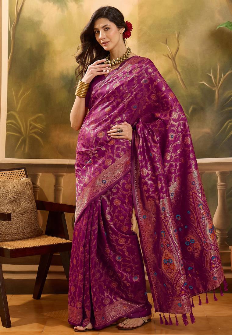 magenta banarasi jacquard saree with intricate zari weaving & tassel pallu – unstitched blouse included