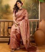 rose gold banarasi jacquard saree with zari weaving & tassel pallu     unstitched blouse piece included
