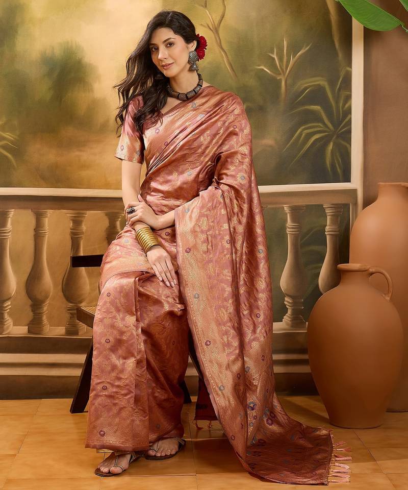 rose gold banarasi jacquard saree with zari weaving & tassel pallu – unstitched blouse piece included