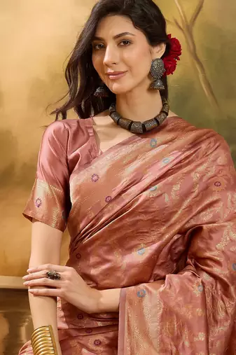 rose gold banarasi jacquard saree with zari weaving & tassel pallu     unstitched blouse piece included