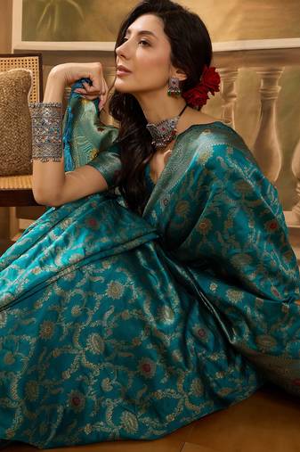 teal blue banarasi jacquard saree with zari weaving & tassel pallu     unstitched blouse material included