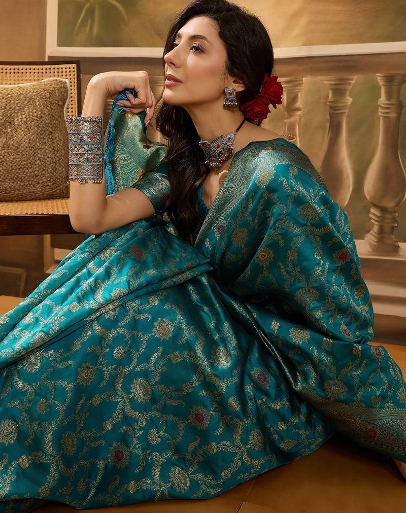 teal blue banarasi jacquard saree with zari weaving & tassel pallu – unstitched blouse material included