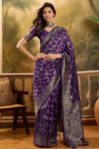 purple banarasi jacquard saree with zari weaving & tassel pallu     unstitched blouse piece