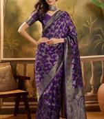 purple banarasi jacquard saree with zari weaving & tassel pallu     unstitched blouse piece
