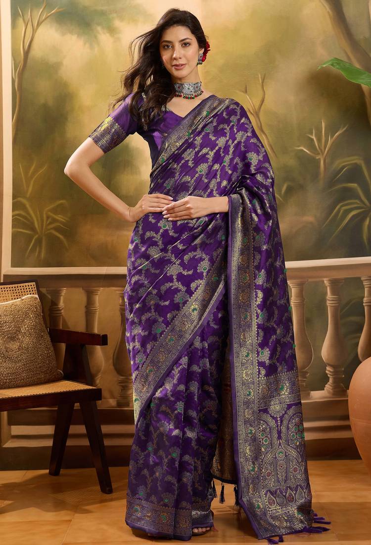 purple banarasi jacquard saree with zari weaving & tassel pallu – unstitched blouse piece