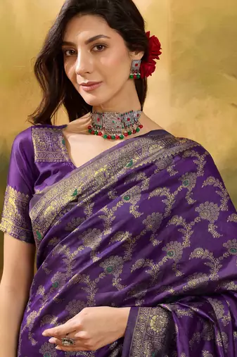 purple banarasi jacquard saree with zari weaving & tassel pallu     unstitched blouse piece