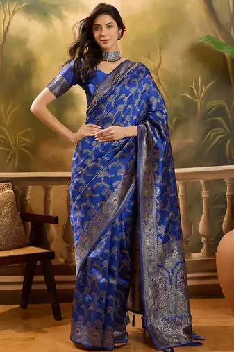 royal blue banarasi jacquard saree with rich zari weaving & tassel pallu     unstitched blouse piece