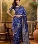 royal blue banarasi jacquard saree with rich zari weaving & tassel pallu     unstitched blouse piece
