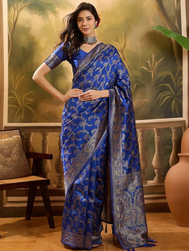 royal blue banarasi jacquard saree with rich zari weaving & tassel pallu – unstitched blouse piece