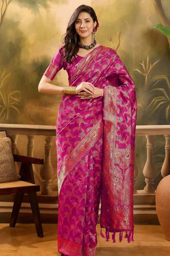 pink banarasi jacquard saree with rich zari weaving & tassel pallu     unstitched blouse piece