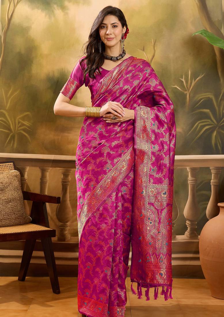 pink banarasi jacquard saree with rich zari weaving & tassel pallu – unstitched blouse piece