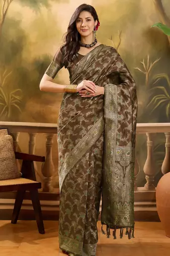 brown banarasi jacquard saree with intricate zari weaving & tassel pallu     unstitched blouse