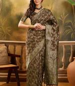 brown banarasi jacquard saree with intricate zari weaving & tassel pallu     unstitched blouse