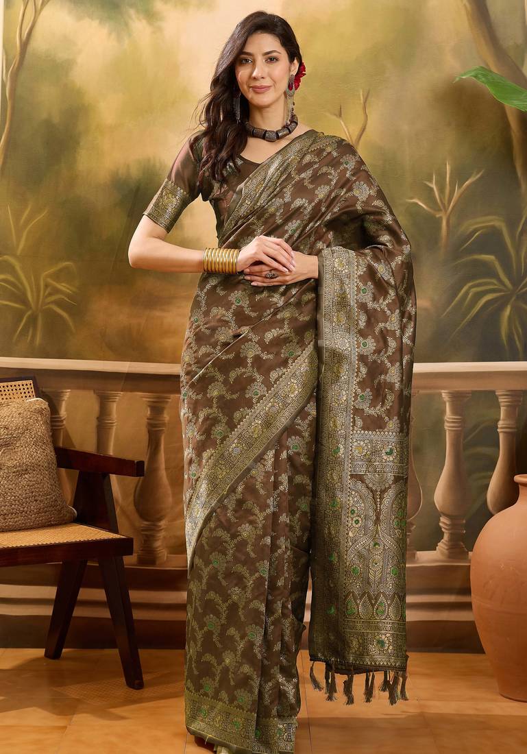 brown banarasi jacquard saree with intricate zari weaving & tassel pallu – unstitched blouse