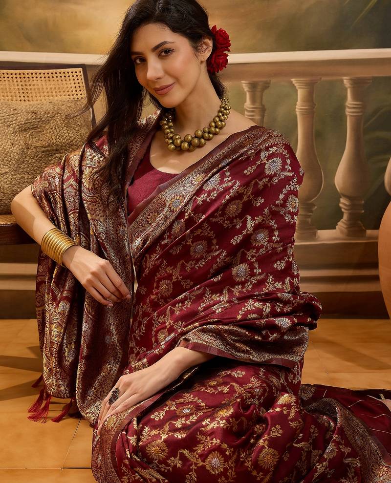 regal maroon banarasi jacquard saree with zari weaving & tassel pallu – unstitched blouse