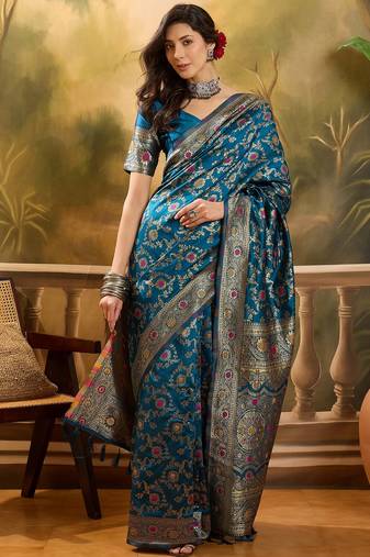 teal blue banarasi jacquard saree with golden zari weaving & tassel pallu     unstitched blouse