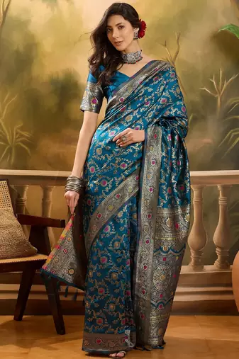 teal blue banarasi jacquard saree with golden zari weaving & tassel pallu     unstitched blouse