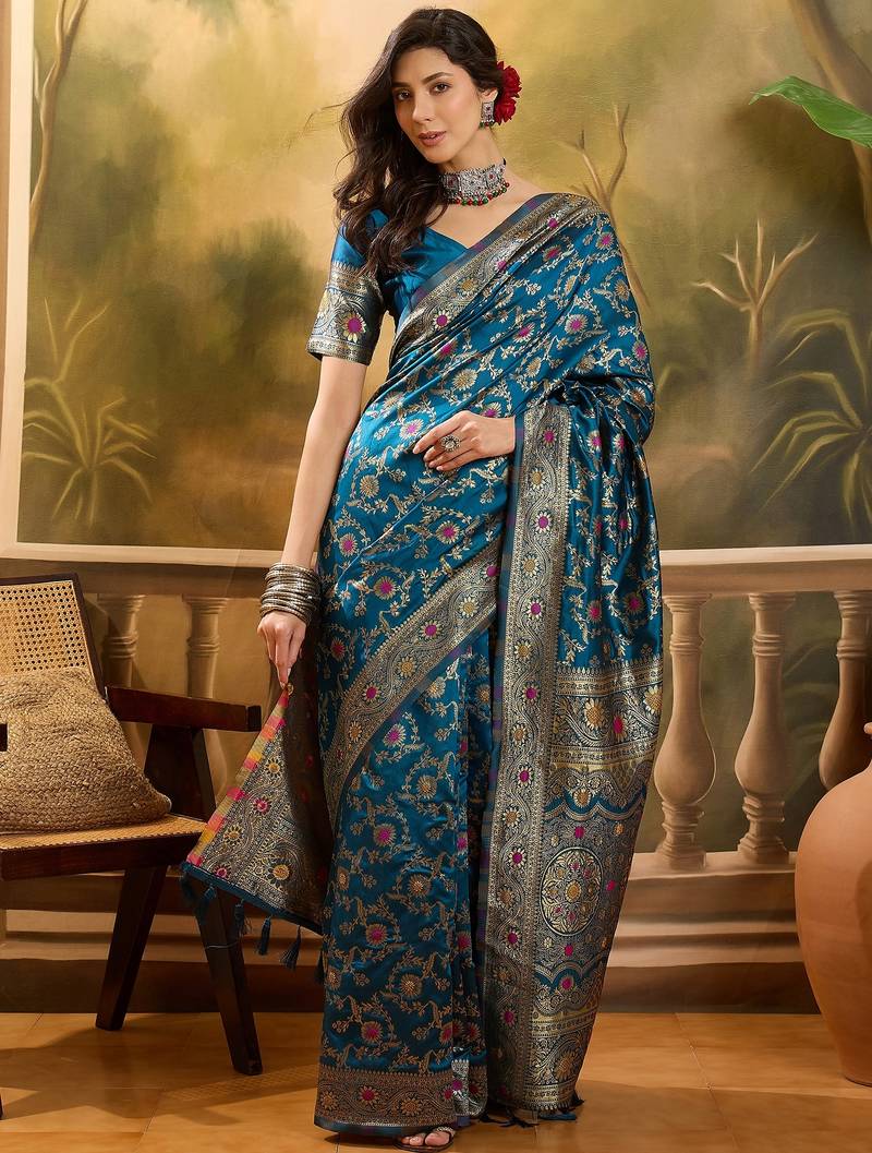 teal blue banarasi jacquard saree with golden zari weaving & tassel pallu – unstitched blouse