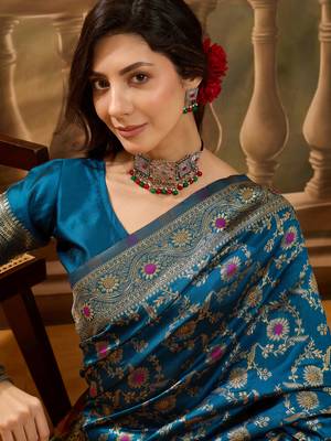 teal blue banarasi jacquard saree with golden zari weaving & tassel pallu     unstitched blouse 5