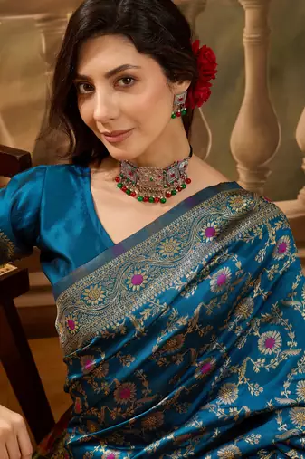 teal blue banarasi jacquard saree with golden zari weaving & tassel pallu     unstitched blouse