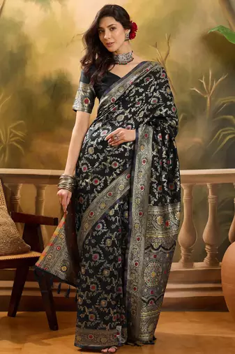 black banarasi jacquard saree with golden zari weaving & tassel pallu     unstitched blouse