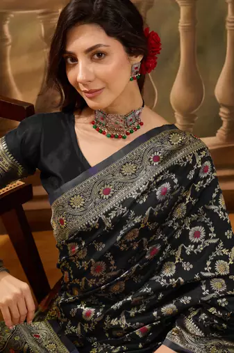 black banarasi jacquard saree with golden zari weaving & tassel pallu     unstitched blouse