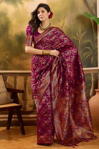wine banarasi jacquard saree with golden zari weaving & tassel pallu     unstitched blouse
