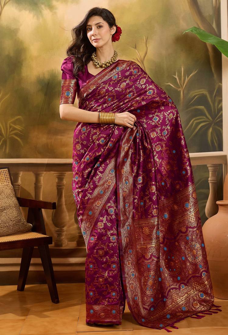 wine banarasi jacquard saree with golden zari weaving & tassel pallu – unstitched blouse