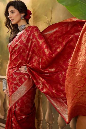 red banarasi jacquard saree with golden zari weaving & tassel pallu     unstitched blouse