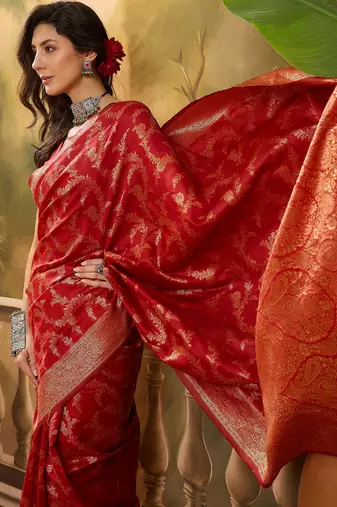 red banarasi jacquard saree with golden zari weaving & tassel pallu     unstitched blouse