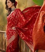 red banarasi jacquard saree with golden zari weaving & tassel pallu     unstitched blouse