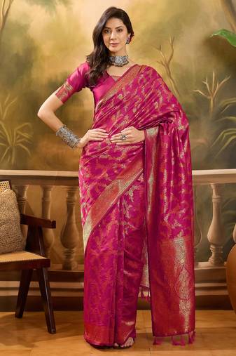 pink banarasi jacquard saree with golden zari weaving & tassel pallu     unstitched blouse