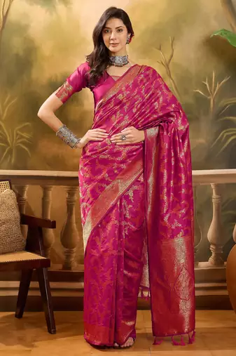 pink banarasi jacquard saree with golden zari weaving & tassel pallu     unstitched blouse