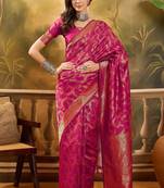 pink banarasi jacquard saree with golden zari weaving & tassel pallu     unstitched blouse