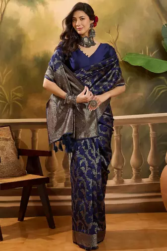 navy blue banarasi jacquard saree with golden zari weaving & tassel pallu     unstitched blouse