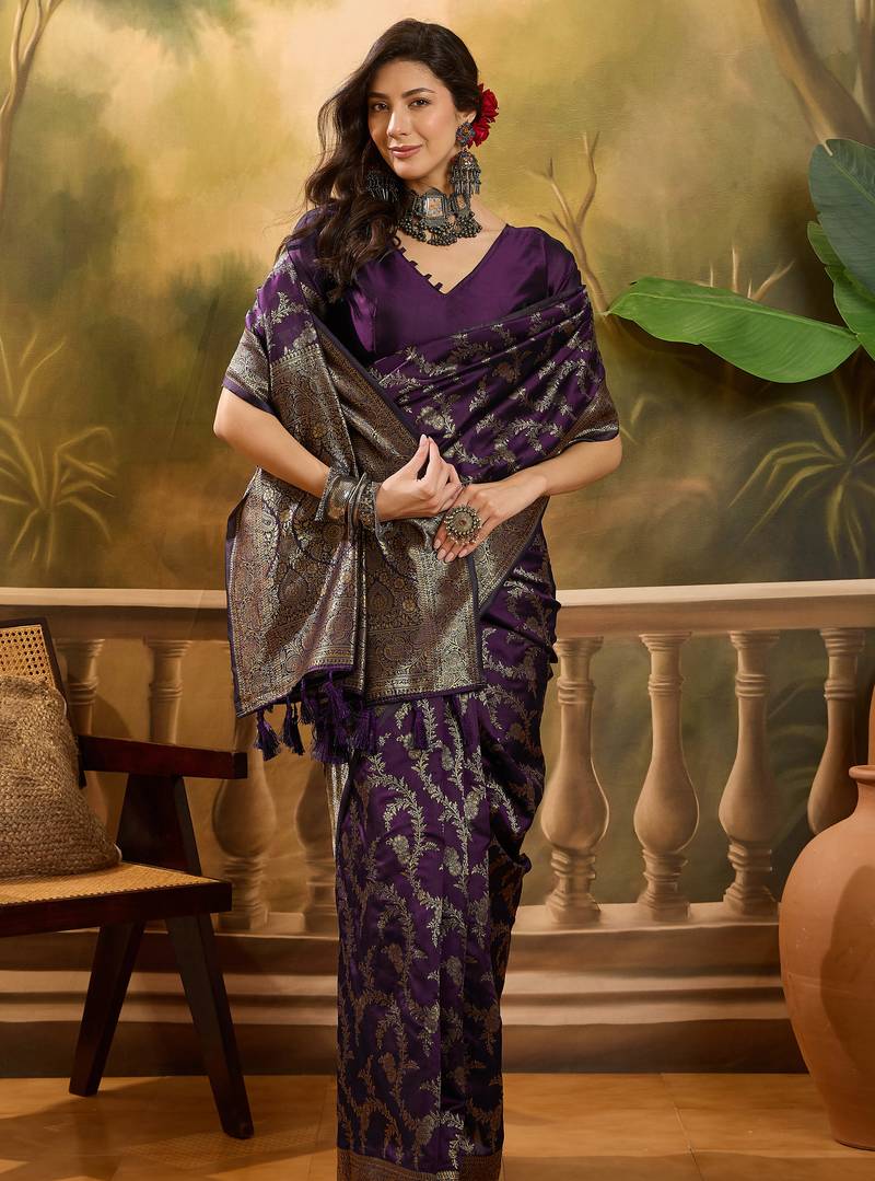 purple banarasi jacquard saree with golden zari weaving & tassel pallu     unstitched blouse