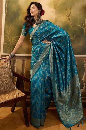 teal blue banarasi jacquard saree with golden zari weaving & tassel pallu     unstitched blouse