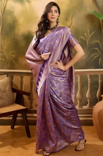lavender banarasi jacquard saree with golden zari weaving & tassel pallu     unstitched blouse