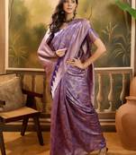 lavender banarasi jacquard saree with golden zari weaving & tassel pallu     unstitched blouse