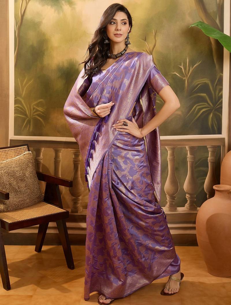 lavender banarasi jacquard saree with golden zari weaving & tassel pallu     unstitched blouse