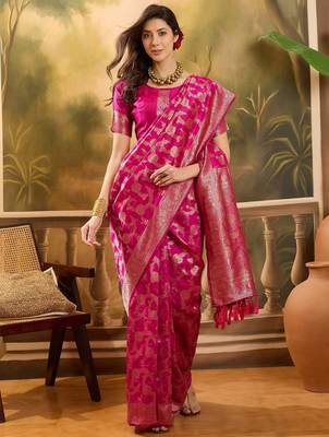 hot pink banarasi jacquard saree with golden zari weaving & tassel pallu     unstitched blouse 1