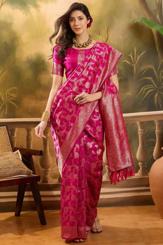 hot pink banarasi jacquard saree with golden zari weaving & tassel pallu     unstitched blouse