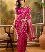 hot pink banarasi jacquard saree with golden zari weaving & tassel pallu     unstitched blouse