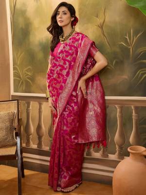 hot pink banarasi jacquard saree with golden zari weaving & tassel pallu     unstitched blouse 3